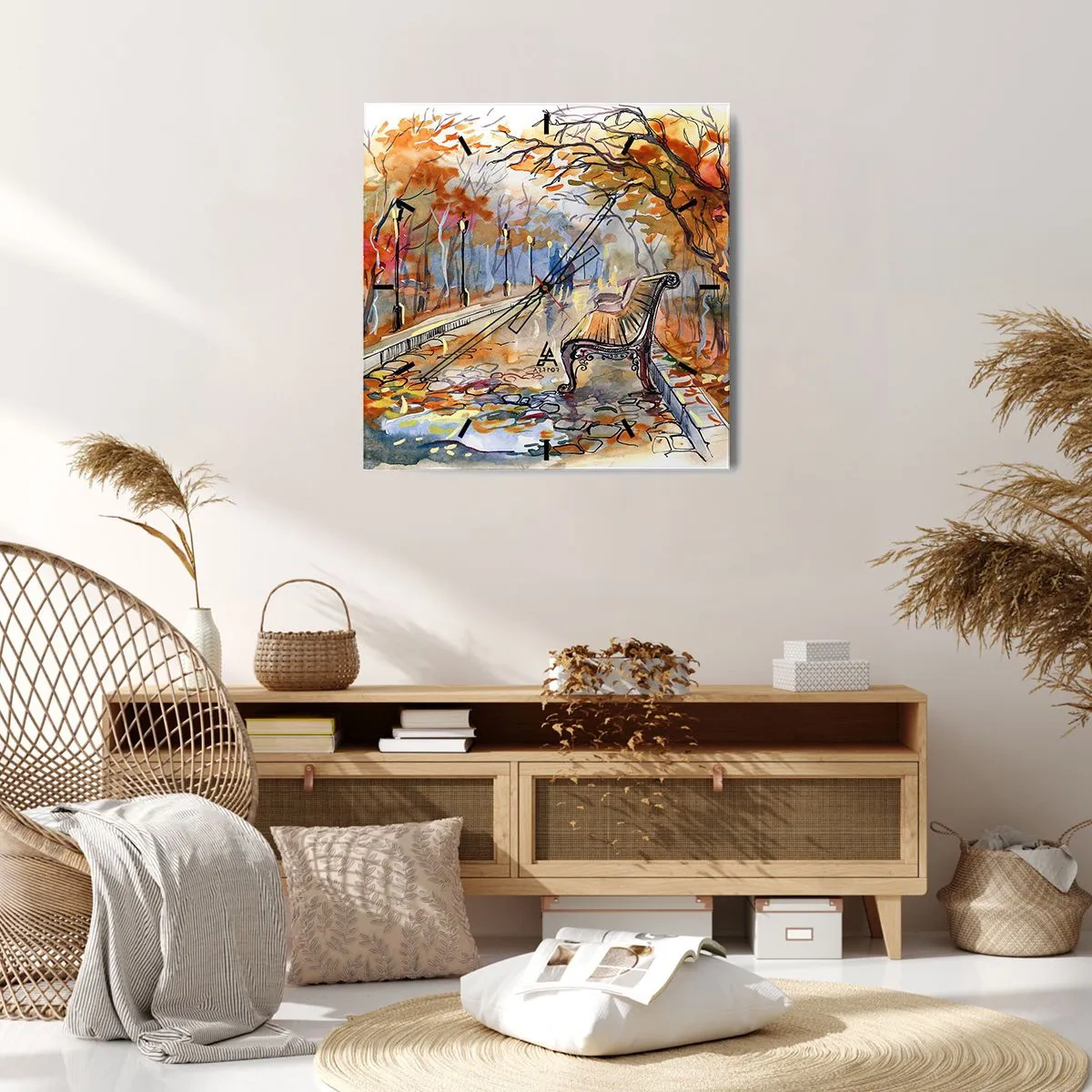 Horloge murale - Pendule murale - Un parc d'automne avec un banc à l'aquarelle - 30x30cm - Errer ensemble à l'automne - Décoration murale moderne pour le salon et la chambre ARTTOR