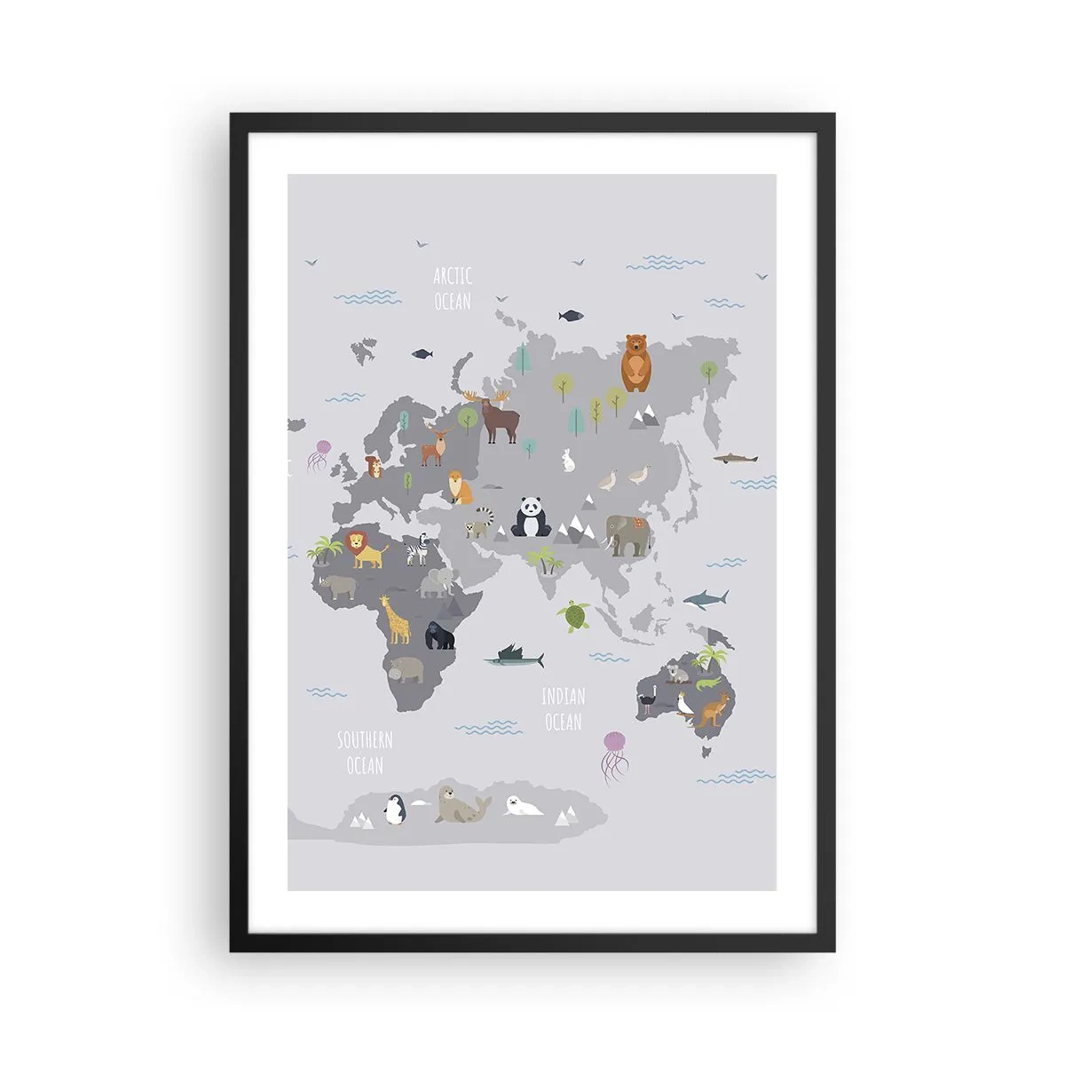 Affiche dans un cadre noir - Poster - Carte du monde avec des animaux colorés pour les enfants - 50x70cm - Dis-moi d'où tu viens... - Décoration murale moderne pour le salon et la chambre ARTTOR