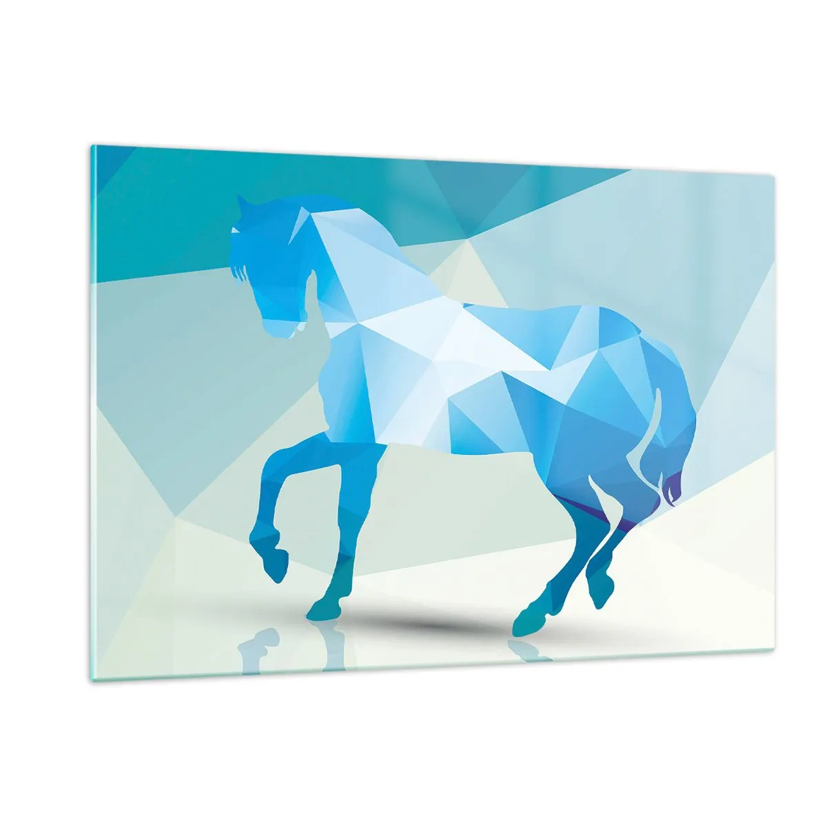 Impression sur verre - Image sur verre - Cheval géométrique dans les tons bleu et blanc - 120x80cm - Cheval géométrique en turquoise - Décoration murale moderne pour le salon et la chambre ARTTOR