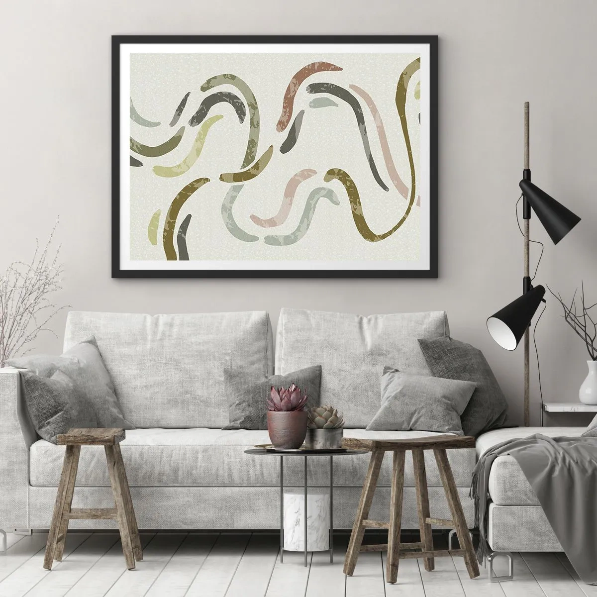 Affiche dans un cadre noir - Poster - Arcs abstraits aux couleurs pastel - 100x70cm - Une joyeuse danse de l'abstraction - Décoration murale moderne pour le salon et la chambre ARTTOR