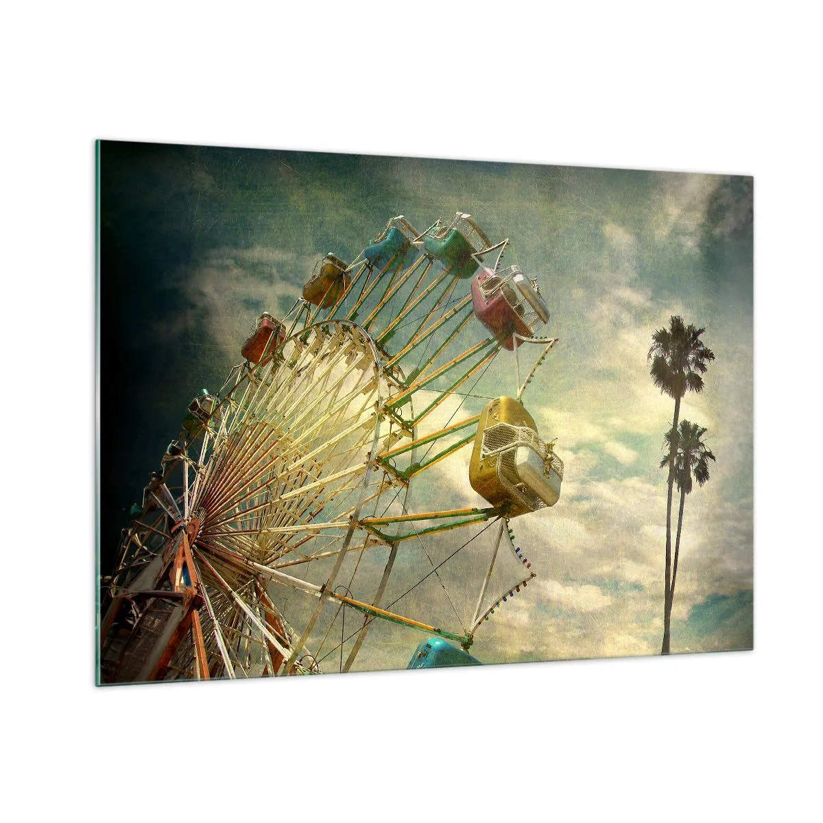 Impression sur verre - Image sur verre - Une grande roue contre le ciel et des palmiers dans un style rétro - 100x70cm - On va faire la fête - Décoration murale moderne pour le salon et la chambre ARTTOR