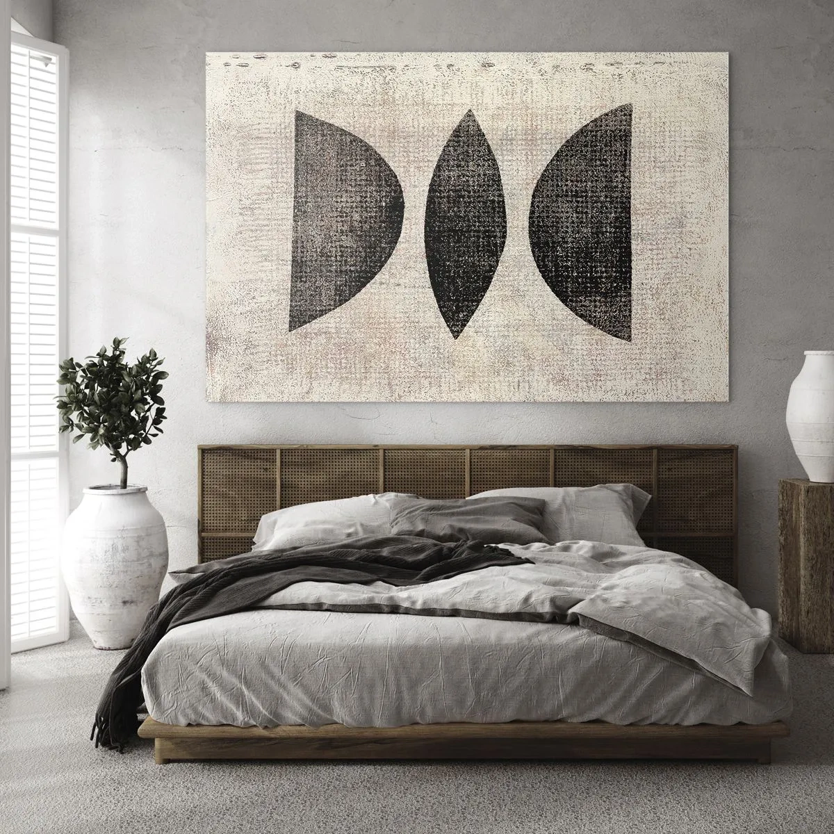 Impression sur verre - Image sur verre - Formes géométriques noires sur fond beige - 70x50cm - Abstraction ethnique - Décoration murale moderne pour le salon et la chambre ARTTOR