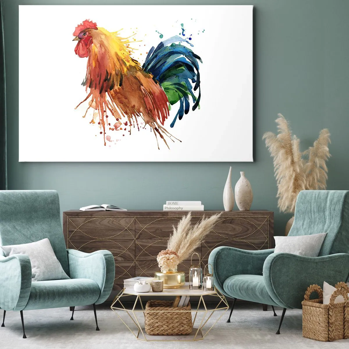 Impression sur toile - Image sur toile - Coq coloré dans un style aquarelle - 70x50cm - Robe royale, fierté royale - Décoration murale moderne pour le salon et la chambre ARTTOR