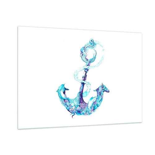 Impression sur verre - Image sur verre - Ancre avec des motifs nautiques dans un style artistique - 100x70cm - Le confident des secrets de la mer - Décoration murale moderne pour le salon et la chambre ARTTOR