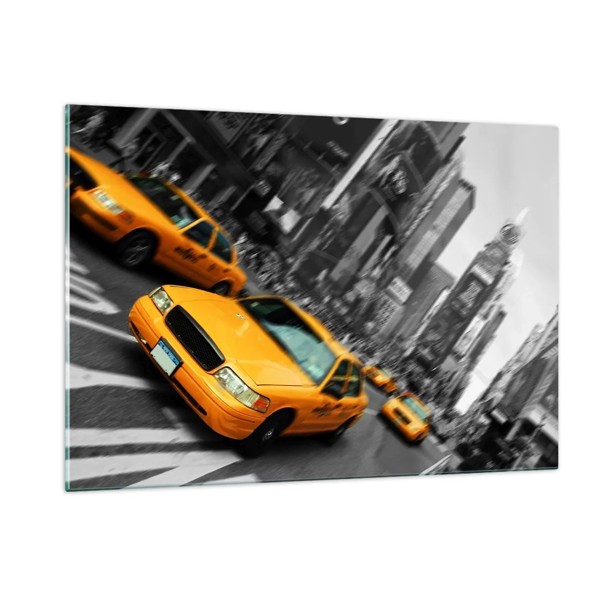Impression sur verre - Image sur verre - Des taxis jaunes sur fond de rues de ville en noir et blanc - 120x80cm - Gouttes de soleil New-Yorkaise - Décoration murale moderne pour le salon et la chambre ARTTOR