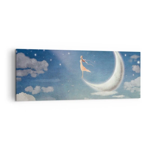 Impression sur toile - Image sur toile - Une femme dans la lune entourée d'étoiles et de nuages - 140x50cm - Valise bleue - Décoration murale moderne pour le salon et la chambre ARTTOR