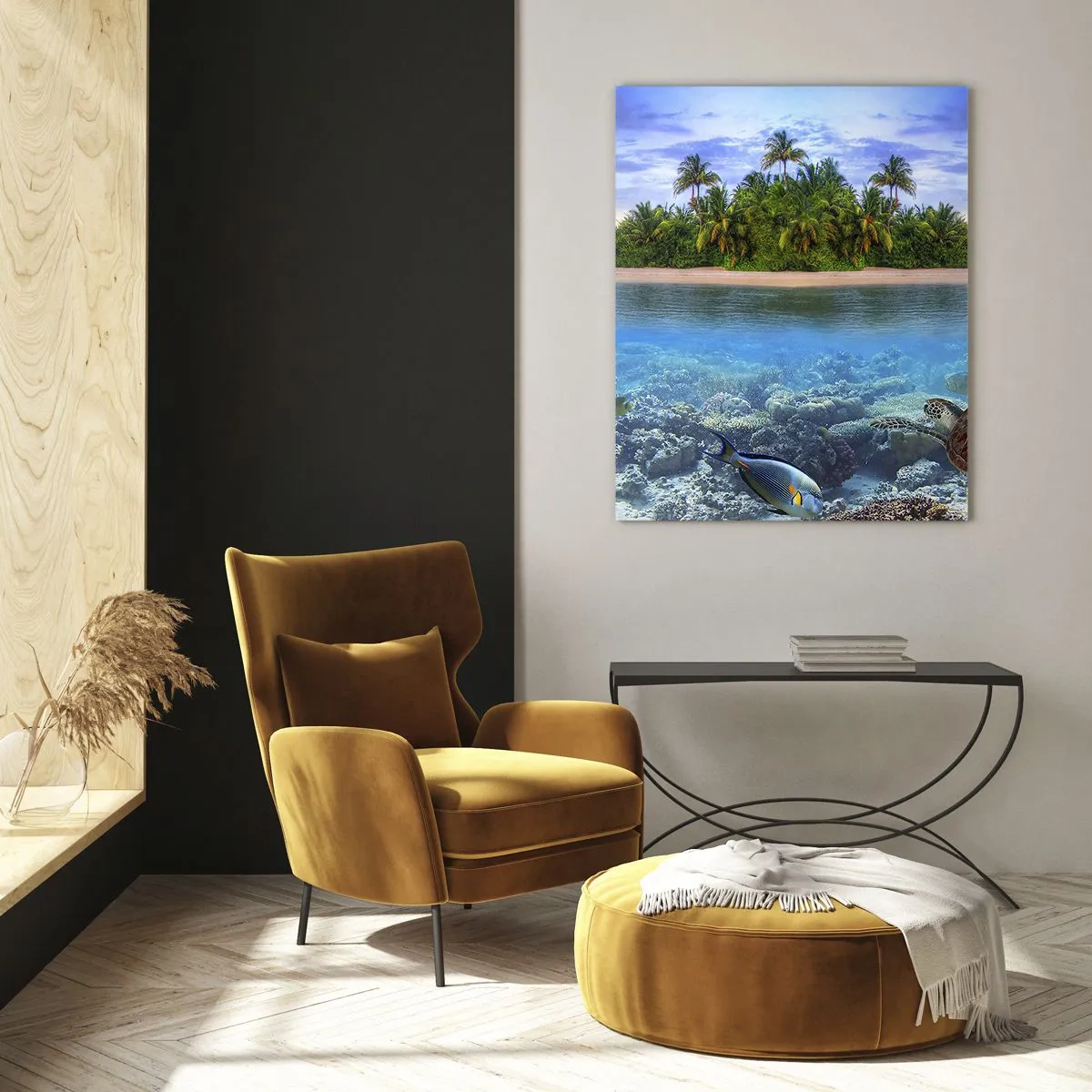 Impression sur verre - Image sur verre - Une île tropicale avec un récif corallien et une vie marine - 50x70cm - L'île céleste vous invite - Décoration murale moderne pour le salon et la chambre ARTTOR