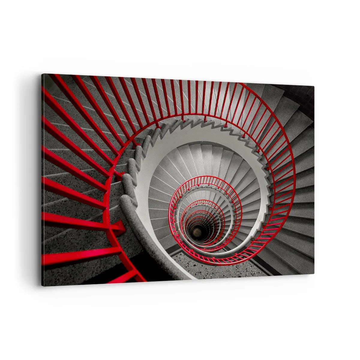 Impression sur toile - Image sur toile - Escalier en colimaçon avec rampes rouges dans une perspective dynamique - 100x70cm - Amusement architectural - Décoration murale moderne pour le salon et la chambre ARTTOR
