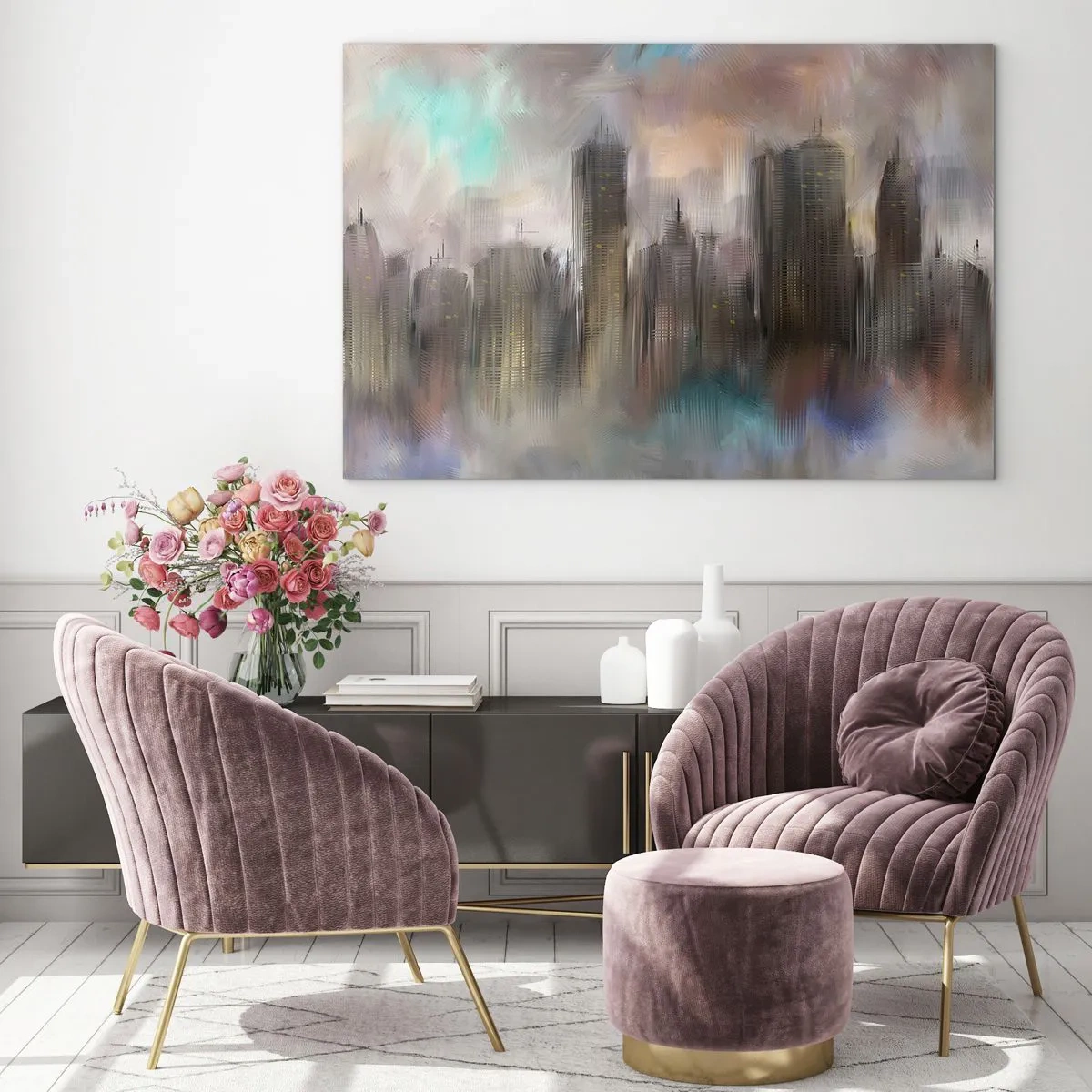 Impression sur verre - Image sur verre - Image abstraite d'une ville avec des gratte-ciel - 100x70cm - Une composition d'acier, de pierre et de brouillard - Décoration murale moderne pour le salon et la chambre ARTTOR