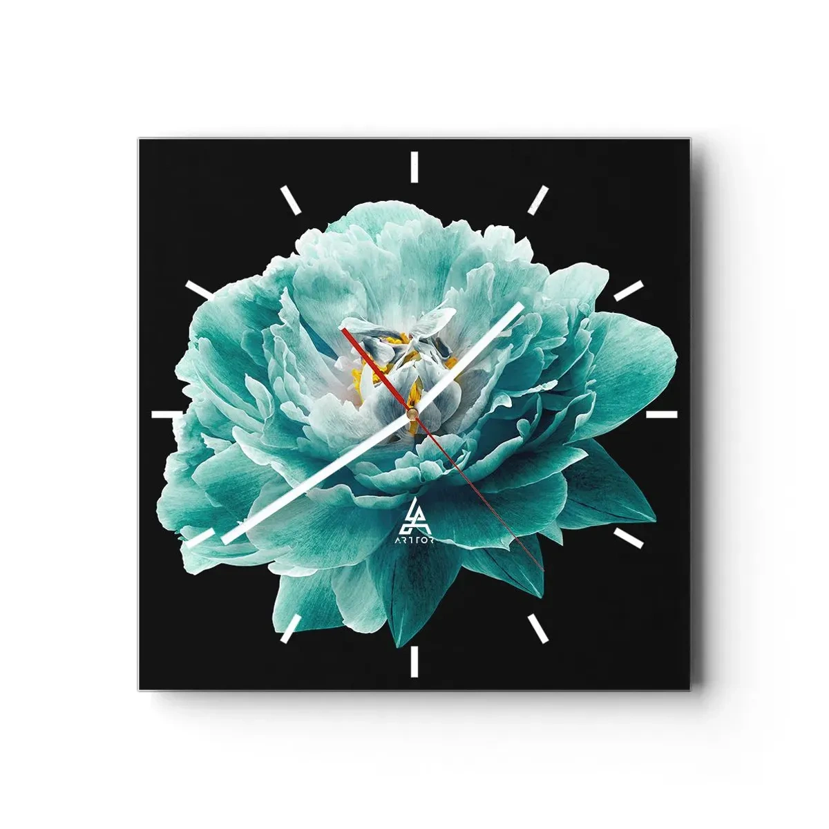 Horloge murale - Pendule murale - Fleur de pivoine turquoise sur fond noir - 30x30cm - Pétales bleus et dorés - Décoration murale moderne pour le salon et la chambre ARTTOR