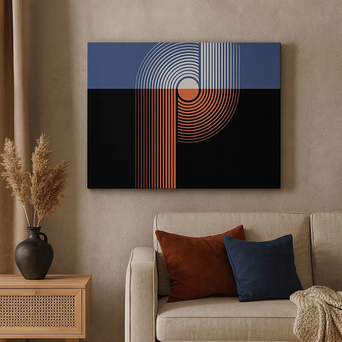 Impression sur toile - Image sur toile - Abstraction géométrique avec des lignes bleu marine et orange. - 70x50cm - Dans une étreinte géométrique - Décoration murale moderne pour le salon et la chambre ARTTOR