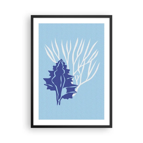 Affiche dans un cadre noir - Poster - Graphique nautique de coquillages et de coraux sur fond bleu - 50x70cm - Formes feuillues - Décoration murale moderne pour le salon et la chambre ARTTOR
