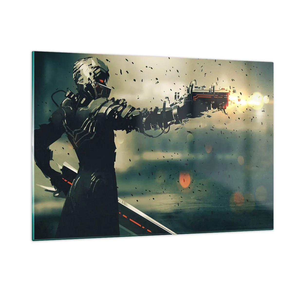 Impression sur verre - Image sur verre - Un cyber-guerrier de style futuriste avec des armes énergétiques - 120x80cm - L'arme fatale - Votre propre Terminator - Décoration murale moderne pour le salon et la chambre ARTTOR