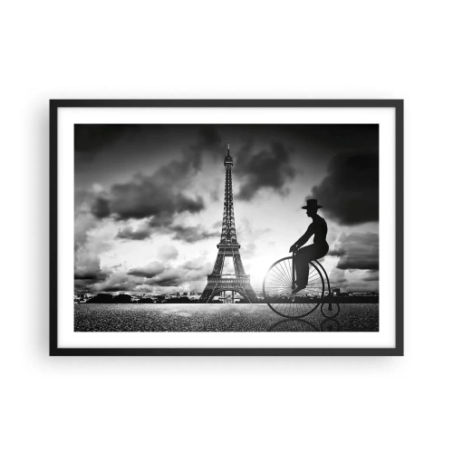 Affiche dans un cadre noir - Poster - Image en noir et blanc d'un vélo rétro avec la tour Eiffel en arrière-plan - 70x50cm - Nostalgie de la Belle Epoque - Décoration murale moderne pour le salon et la chambre ARTTOR