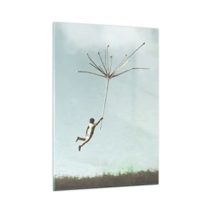Impression sur verre - Image sur verre - Un garçon volant avec une graine de pissenlit au-dessus d'une prairie - 50x70cm - Cerfs-volants, pissenlits, vent - Décoration murale moderne pour le salon et la chambre ARTTOR