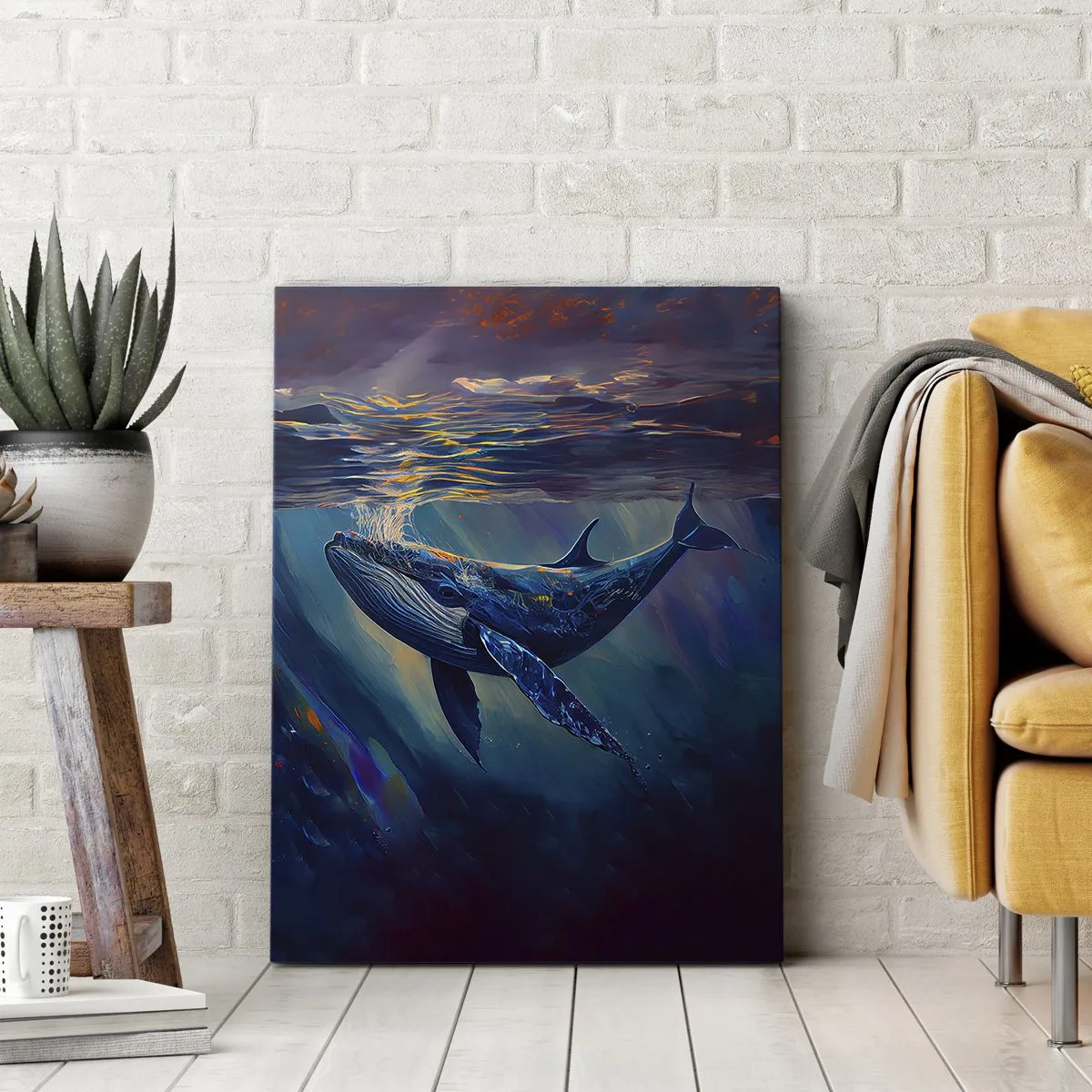 Impression sur toile - Image sur toile - Une baleine dans les profondeurs de l'océan aux couleurs lumineuses - 80x120cm - Bienvenue dans mon monde - Décoration murale moderne pour le salon et la chambre ARTTOR