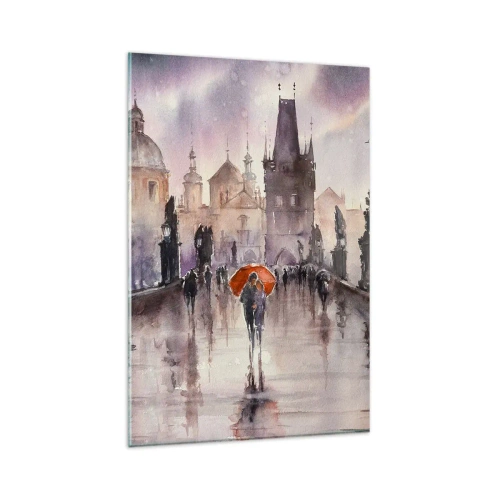 Impression sur verre - Image sur verre - Vue romantique d'un pont avec un parapluie sur fond de ville en soirée - 80x120cm - Les gens ne changent pas - Décoration murale moderne pour le salon et la chambre ARTTOR