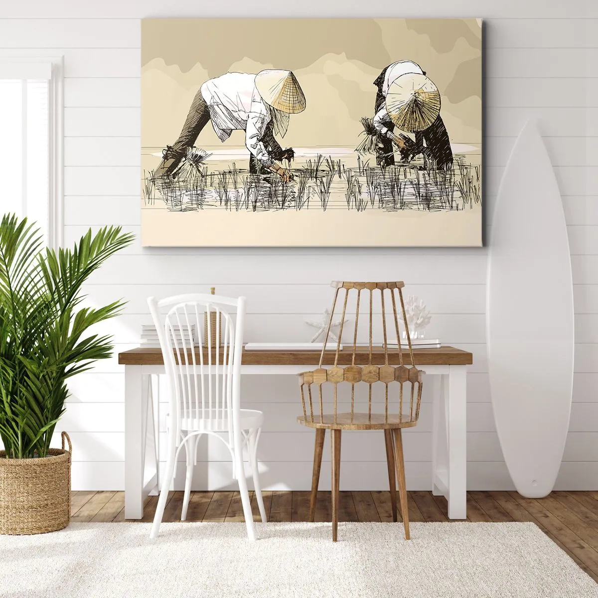 Impression sur toile - Image sur toile - Des agriculteurs travaillant dans une rizière portant des coiffures traditionnelles - 70x50cm - Récolte réussie - Décoration murale moderne pour le salon et la chambre ARTTOR