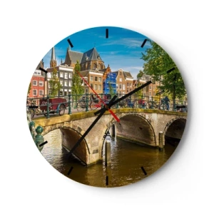 Horloge murale - Pendule murale - Un pont pittoresque sur le canal entouré de bâtiments et de vélos - 30x30cm - Le printemps sur le canal - Décoration murale moderne pour le salon, la cuisine et la chambre ARTTOR