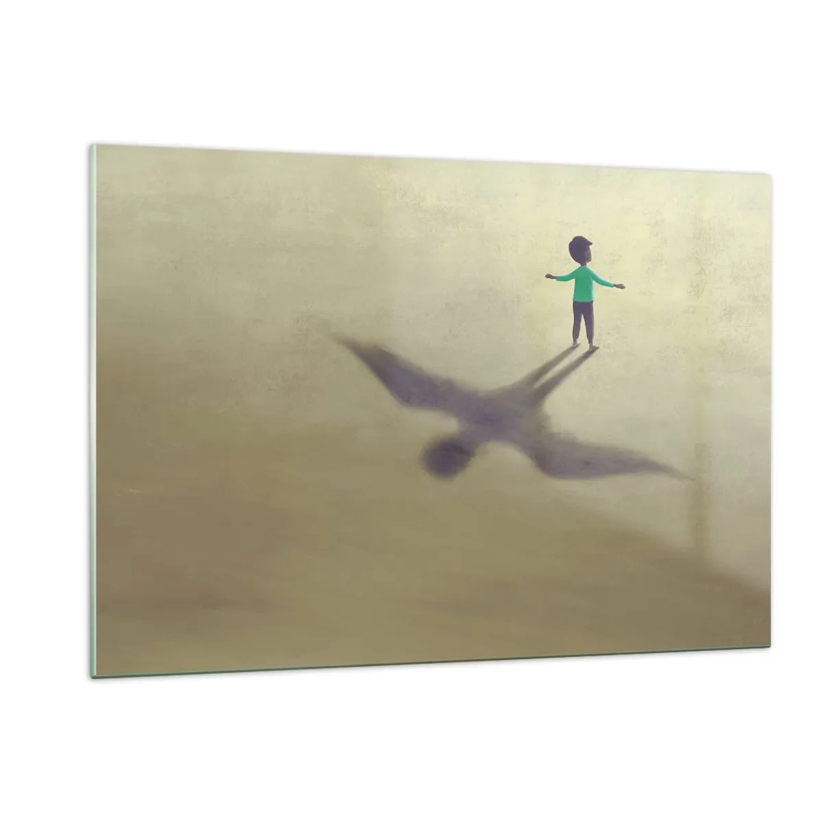 Impression sur verre - Image sur verre - Un garçon avec une ombre en forme d'oiseau sur un fond beige - 120x80cm - Héros du futur - Décoration murale moderne pour le salon et la chambre ARTTOR