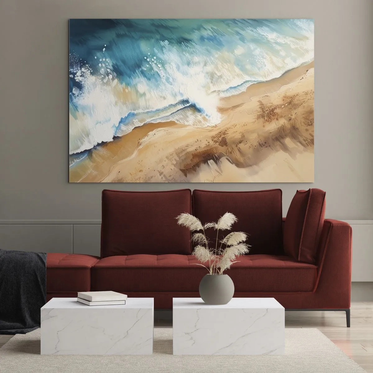 Impression sur verre - Image sur verre - Vue aérienne d'une vague bleue s'écrasant sur un rivage sablonneux - 120x80cm - La vague qui revient - Décoration murale moderne pour le salon et la chambre ARTTOR