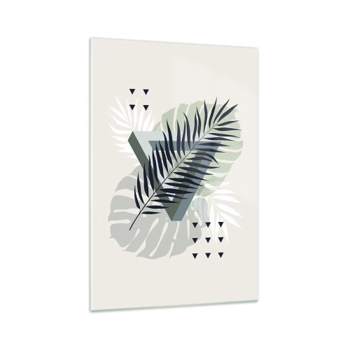 Impression sur verre - Image sur verre - Composition géométrique avec des feuilles tropicales dans des tons verts - 70x100cm - Nature et géométrie - deux odres? - Décoration murale moderne pour le salon et la chambre ARTTOR