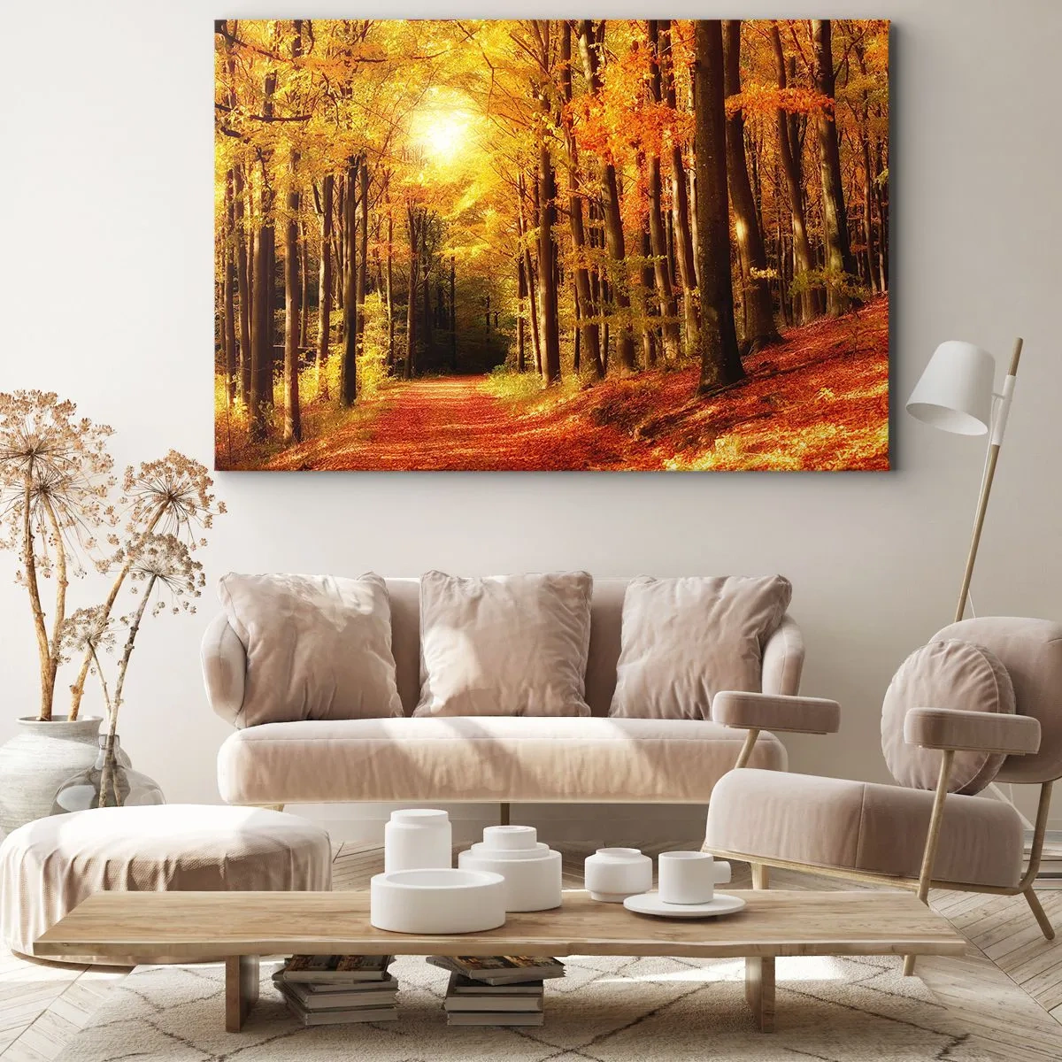 Impression sur toile - Image sur toile - Forêt d'automne avec les rayons du soleil qui brillent à travers les arbres - 100x70cm - Automne doré sur une route forestière - Décoration murale moderne pour le salon et la chambre ARTTOR