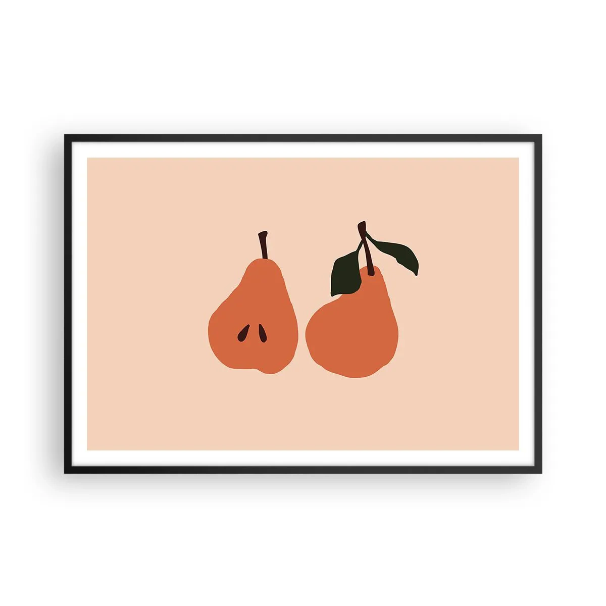 Affiche dans un cadre noir - Poster - Une illustration minimaliste de deux poires sur fond beige. - 100x70cm - La douceur elle-même - Décoration murale moderne pour le salon et la chambre ARTTOR