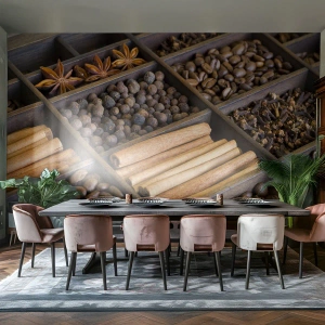 Papier Peint Photo Standard Eco - Épices et café dans des compartiments en bois - 100x70cm - Trésor d'arômes - Décoration murale moderne pour le salon et la chambre ARTTOR