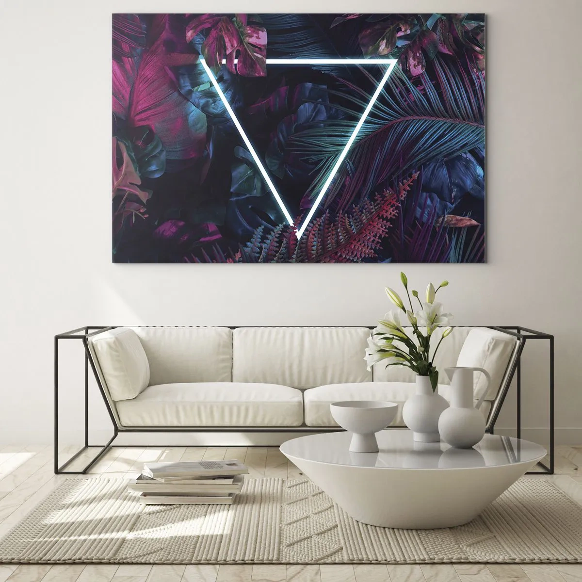 Impression sur verre - Image sur verre - Un triangle néon entouré de plantes tropicales dans des tons de rose et de bleu. - 70x50cm - Jardin de style disco - Décoration murale moderne pour le salon et la chambre ARTTOR