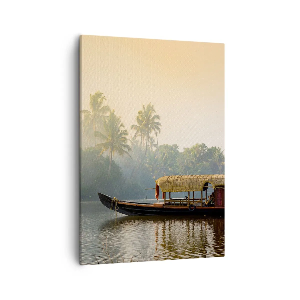 Impression sur toile - Image sur toile - Un bateau traditionnel sur une rivière calme parmi les palmiers - 50x70cm - Maison sur la rivière - Décoration murale moderne pour le salon et la chambre ARTTOR
