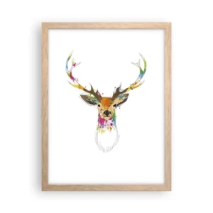Affiche dans un chêne clair - Poster - Un cerf doux baigné de couleur - 30x40 cm
