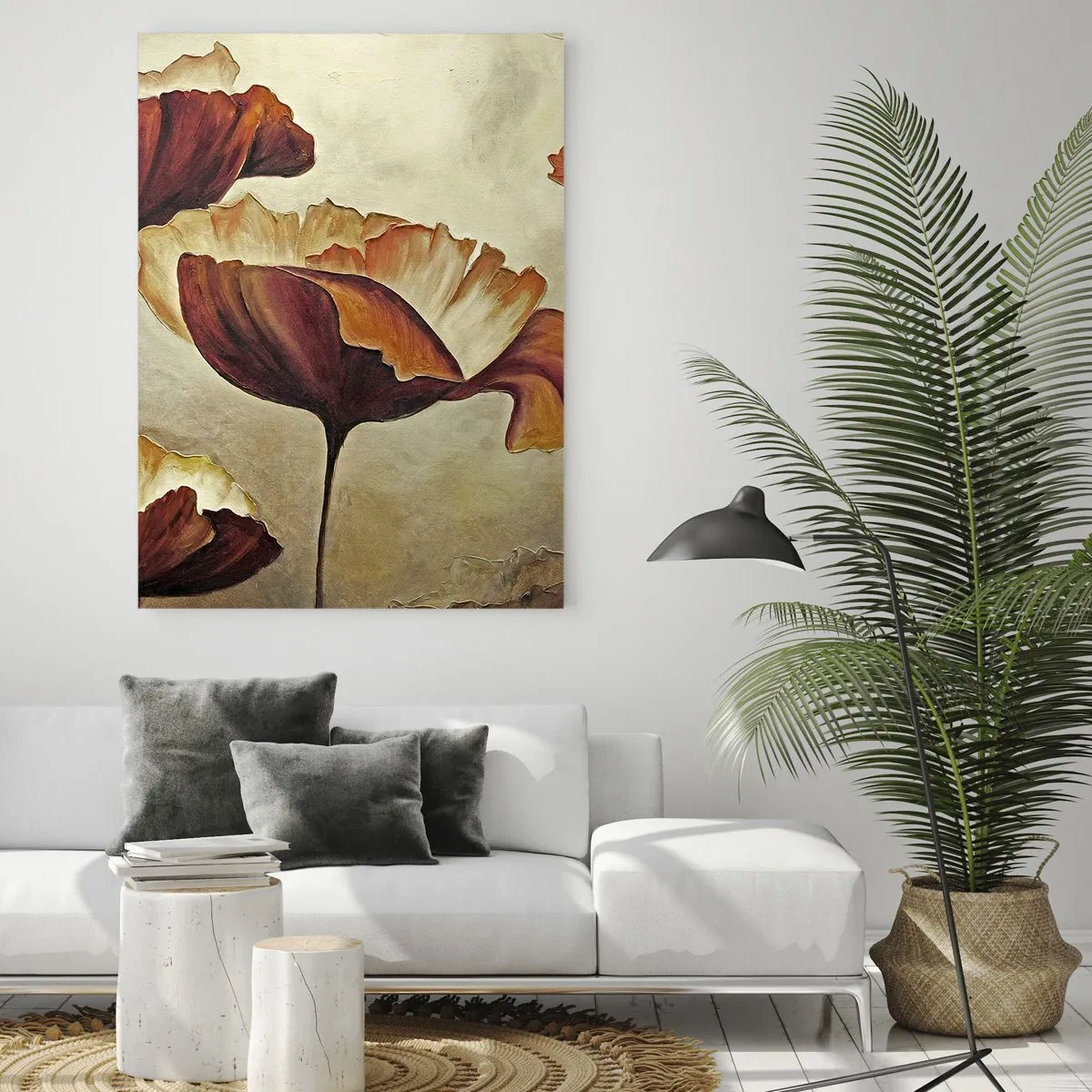 Impression sur verre - Image sur verre - Fleurs de pavot dans les tons de rouge et d'or sur fond clair - 50x70cm - À la lisière des champs - Décoration murale moderne pour le salon et la chambre ARTTOR