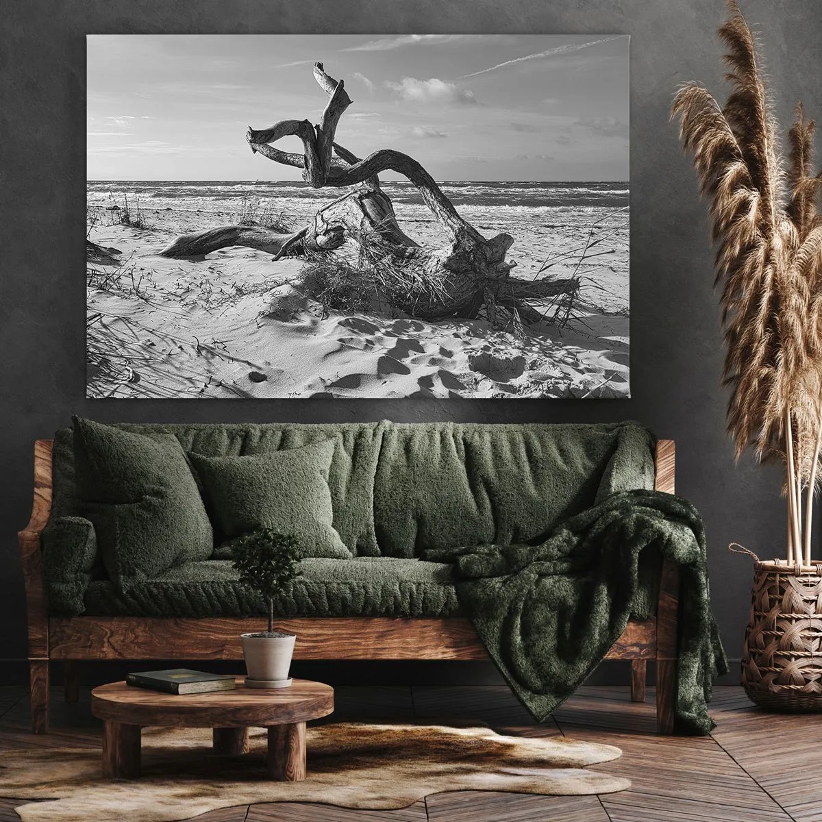 Impression sur toile - Image sur toile - Paysage noir et blanc avec un arbre mort sur la plage - 120x80cm - Sculpture marine - Décoration murale moderne pour le salon et la chambre ARTTOR