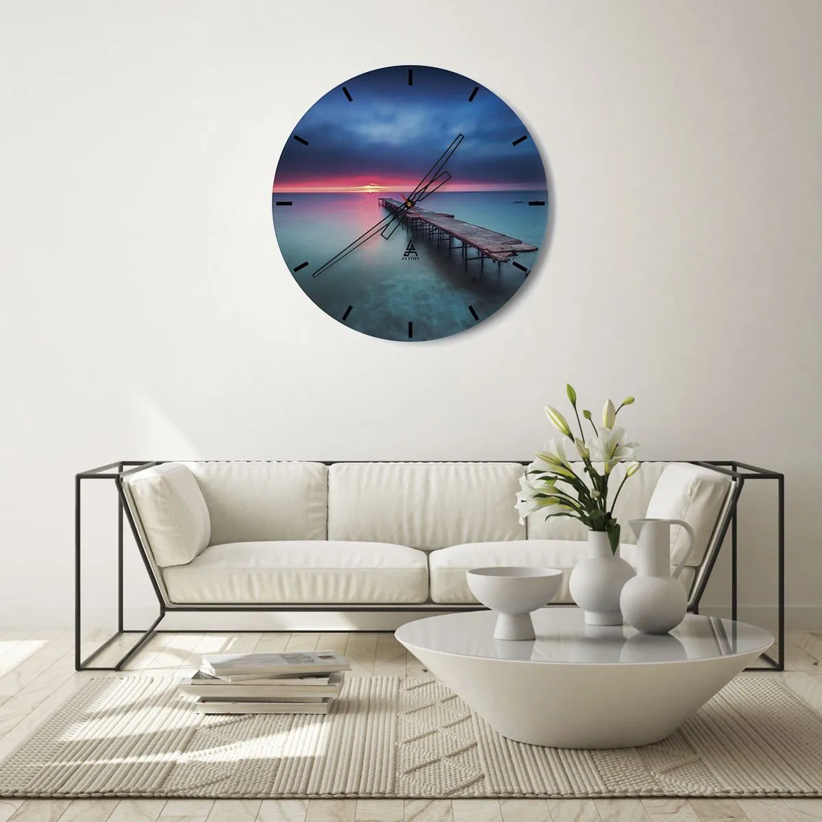 Horloge murale - Pendule murale - Une jetée en bois sur une mer calme au crépuscule - 30x30cm - Entre le ciel et la terre - Décoration murale moderne pour le salon, la cuisine et la chambre ARTTOR