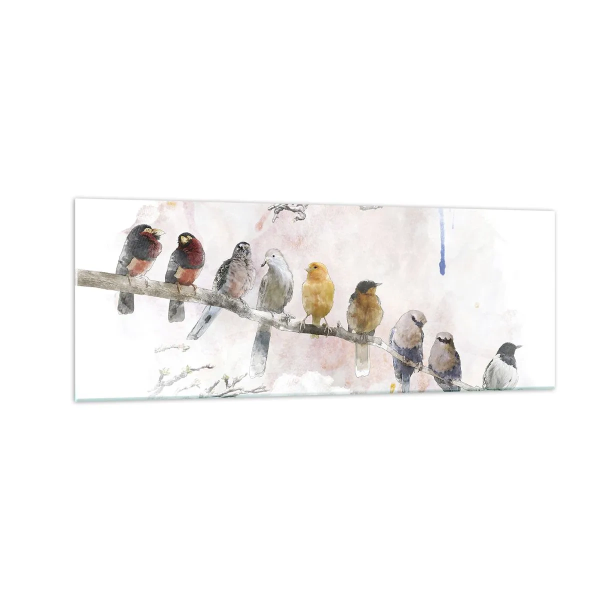 Impression sur verre - Image sur verre - Oiseaux colorés sur une branche dans un style aquarelle - 140x50cm - Rencontre ailée - Décoration murale moderne pour le salon et la chambre ARTTOR