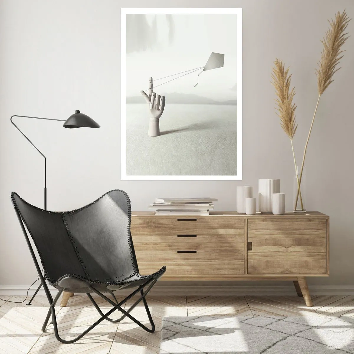 Affiche - Poster - Une main en bois avec un cerf-volant sur un fond lumineux - 50x70cm - Épreuve de force - Décoration murale moderne pour le salon et la chambre ARTTOR