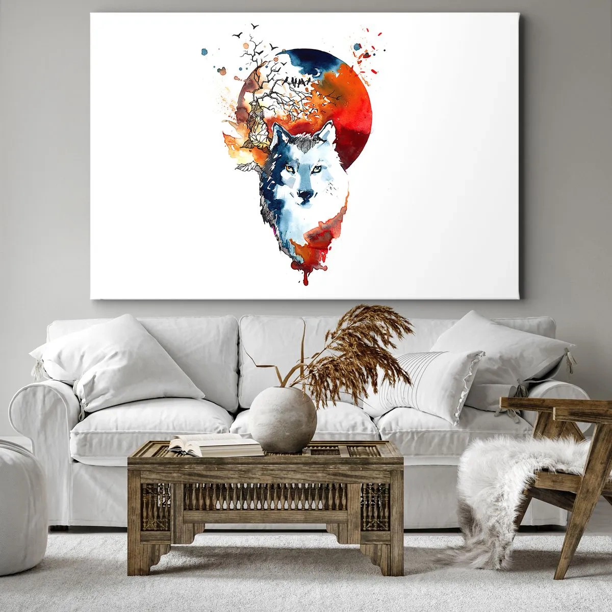 Impression sur toile - Image sur toile - Aquarelle abstraite d'un loup sur fond de lune rouge - 70x50cm - Nez à nez avec la nuit - Décoration murale moderne pour le salon et la chambre ARTTOR