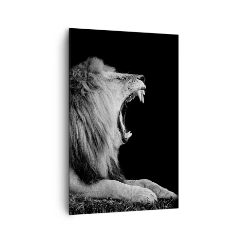 Impression sur toile - Image sur toile - Un lion rugissant sur fond noir dans des tons noir et blanc - 80x120cm - Sans aucun doute - Décoration murale moderne pour le salon et la chambre ARTTOR