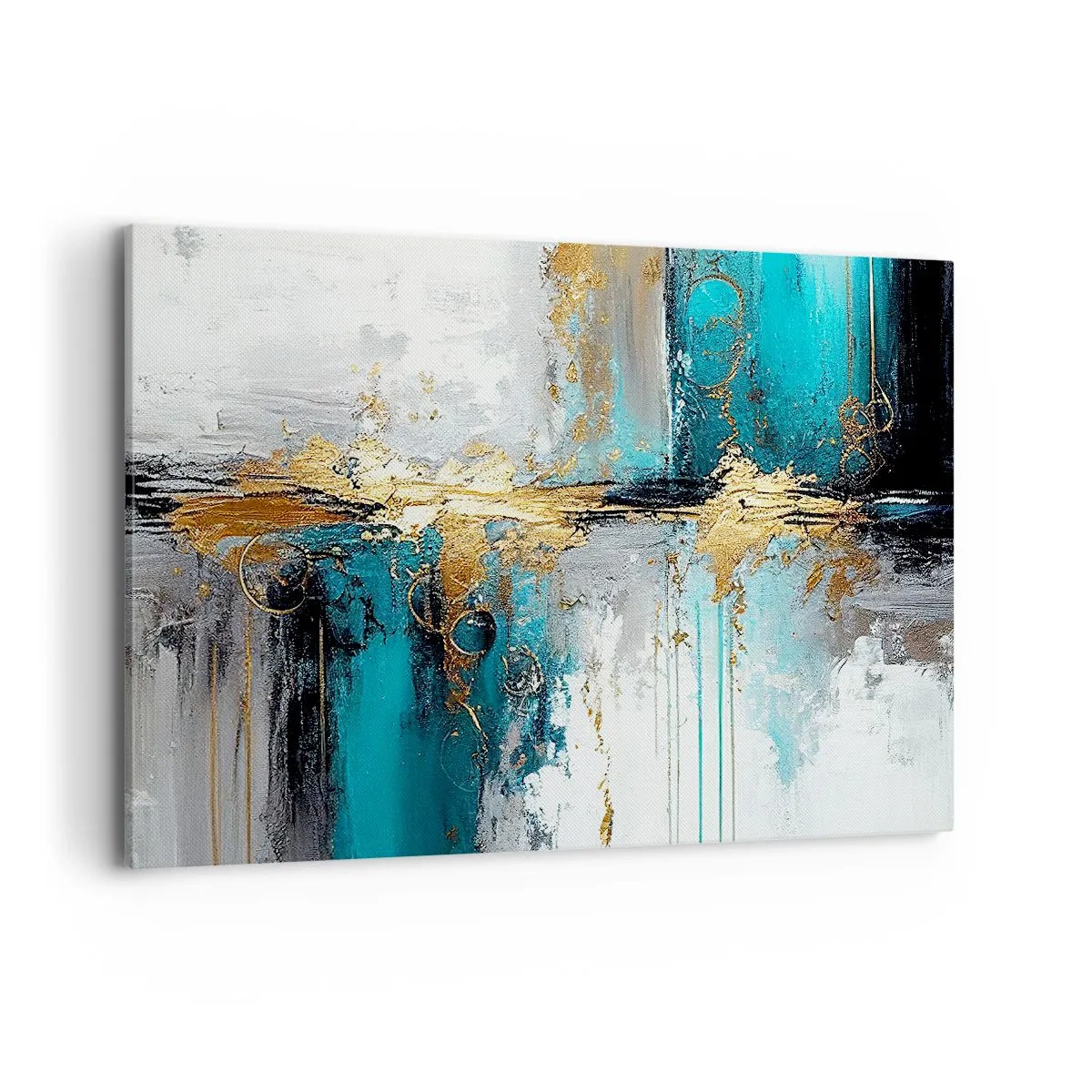 Impression sur toile - Image sur toile - Une composition abstraite aux accents turquoise et dorés. - 120x80cm - Tout coule - Décoration murale moderne pour le salon et la chambre ARTTOR
