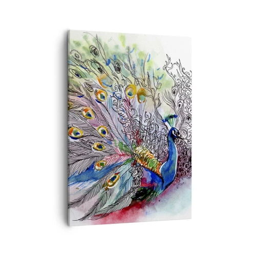 Impression sur toile - Image sur toile - Un paon dans un style aquarelle coloré avec des plumes abstraites - 50x70cm - Avec fierté contre la grisaille - Décoration murale moderne pour le salon et la chambre ARTTOR