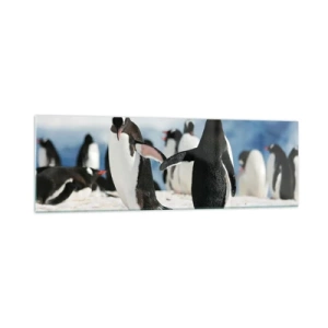 Impression sur verre - Image sur verre - Un groupe de pingouins dans la neige dans un paysage antarctique - 160x50cm - Danser dans la neige - Décoration murale moderne pour le salon et la chambre ARTTOR