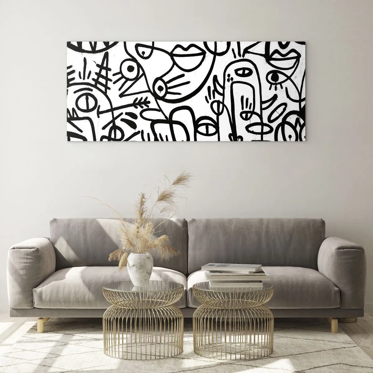 Impression sur verre - Image sur verre - Dessins abstraits en noir et blanc avec des motifs faciaux - 160x50cm - Visages et mirages - Décoration murale moderne pour le salon et la chambre ARTTOR