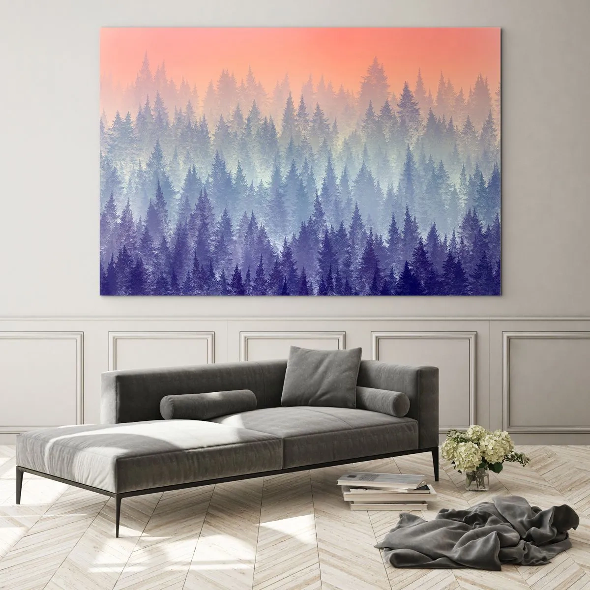 Impression sur verre - Image sur verre - Forêt de conifères mystérieuse aux tons pastel du matin - 70x50cm - Haut, plus haut, vers le ciel - Décoration murale moderne pour le salon et la chambre ARTTOR