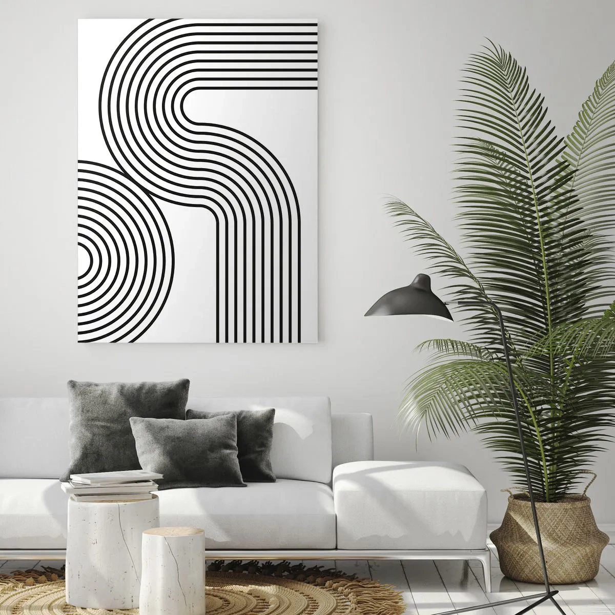Impression sur verre - Image sur verre - Une peinture abstraite avec des lignes noires créant des motifs géométriques sur un fond blanc. - 70x100cm - En plein virage - Décoration murale moderne pour le salon et la chambre ARTTOR