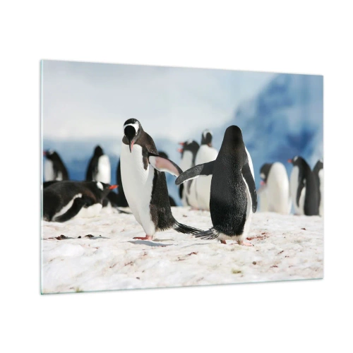 Impression sur verre - Image sur verre - Pingouins dans la neige dans un paysage polaire - 100x70cm - Danser dans la neige - Décoration murale moderne pour le salon et la chambre ARTTOR