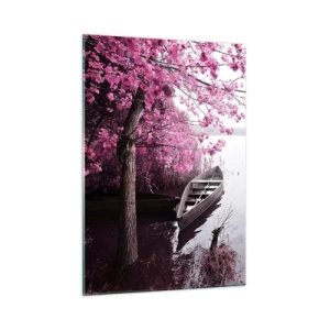 Impression sur verre - Image sur verre - Un bateau au bord de l'eau avec un arbre rose au-dessus de l'eau - 50x70cm - Dans un silence rose - Décoration murale moderne pour le salon et la chambre ARTTOR