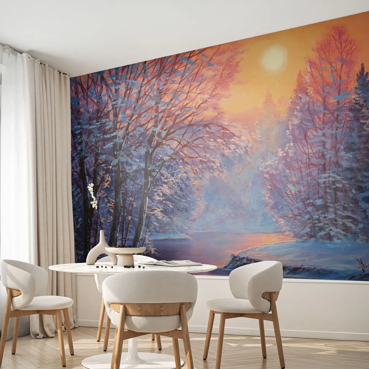 Papier Peint Photo Premium Sand - Paysage d'hiver au coucher du soleil sur la rivière - 100x70cm - Couleurs d'hiver - Décoration murale moderne pour le salon et la chambre ARTTOR