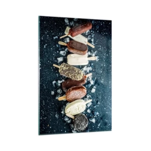 Impression sur verre - Image sur verre - Des glaces colorées disposées sur de la glace avec un fond sombre - 80x120cm - Le goût de l'été chaud - Décoration murale moderne pour le salon et la chambre ARTTOR