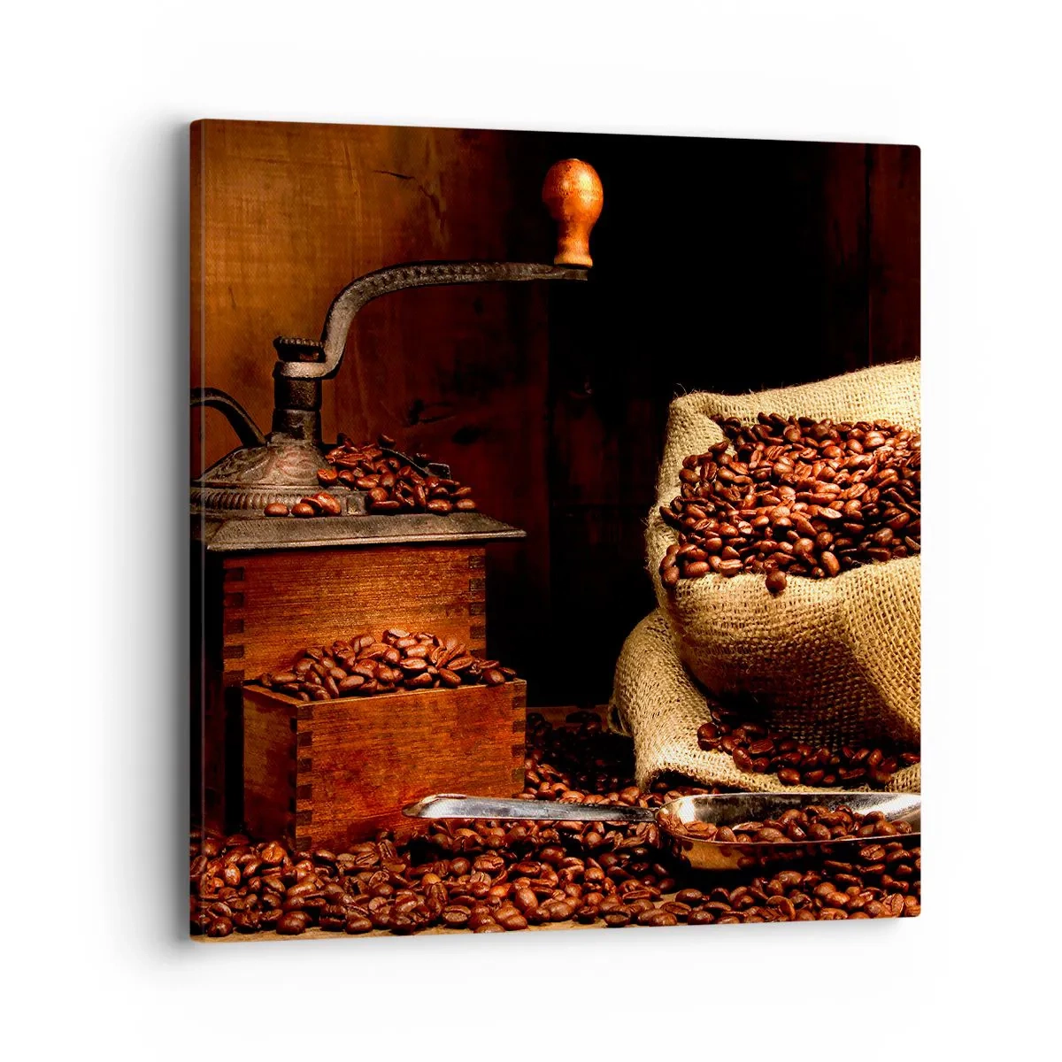 Impression sur toile - Image sur toile - Nature morte avec grains de café et moulin - 40x40 cm